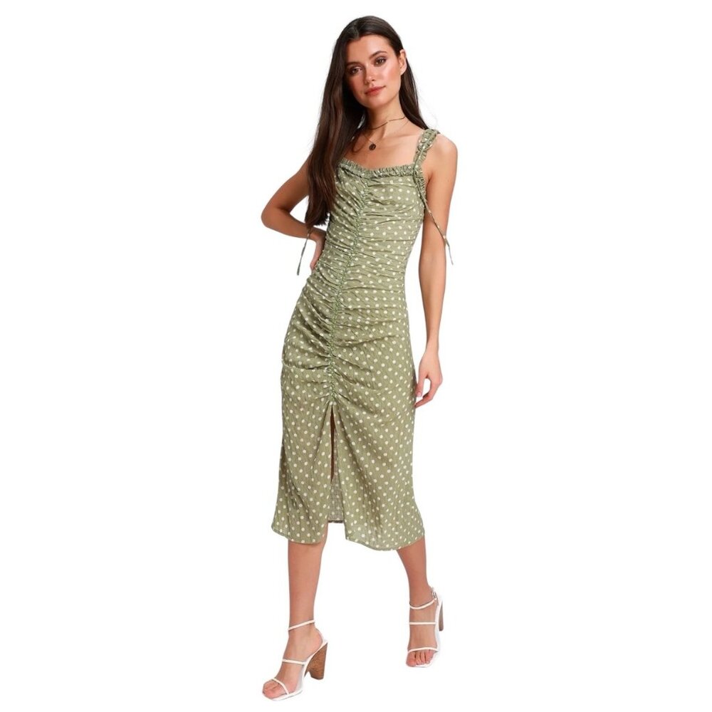Lulus Carlee Ruched Polkadot Dress Green Size M Pinup Retro Coquette Wedding
